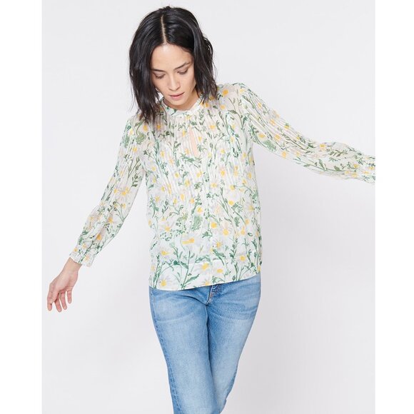 Veronica Beard Walker Pintucked Silk Blouse / Size 8 / White Green Kate Schelter - Picture 1 of 9